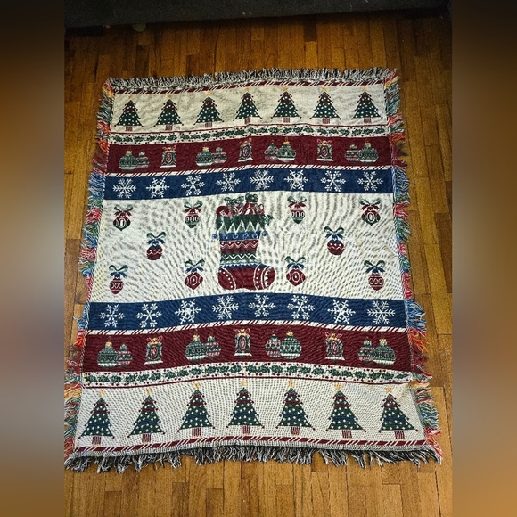 Reversible Christmas Holiday Throw Blanket Stocking Christmas Trees Ornaments - Picture 1 of 10